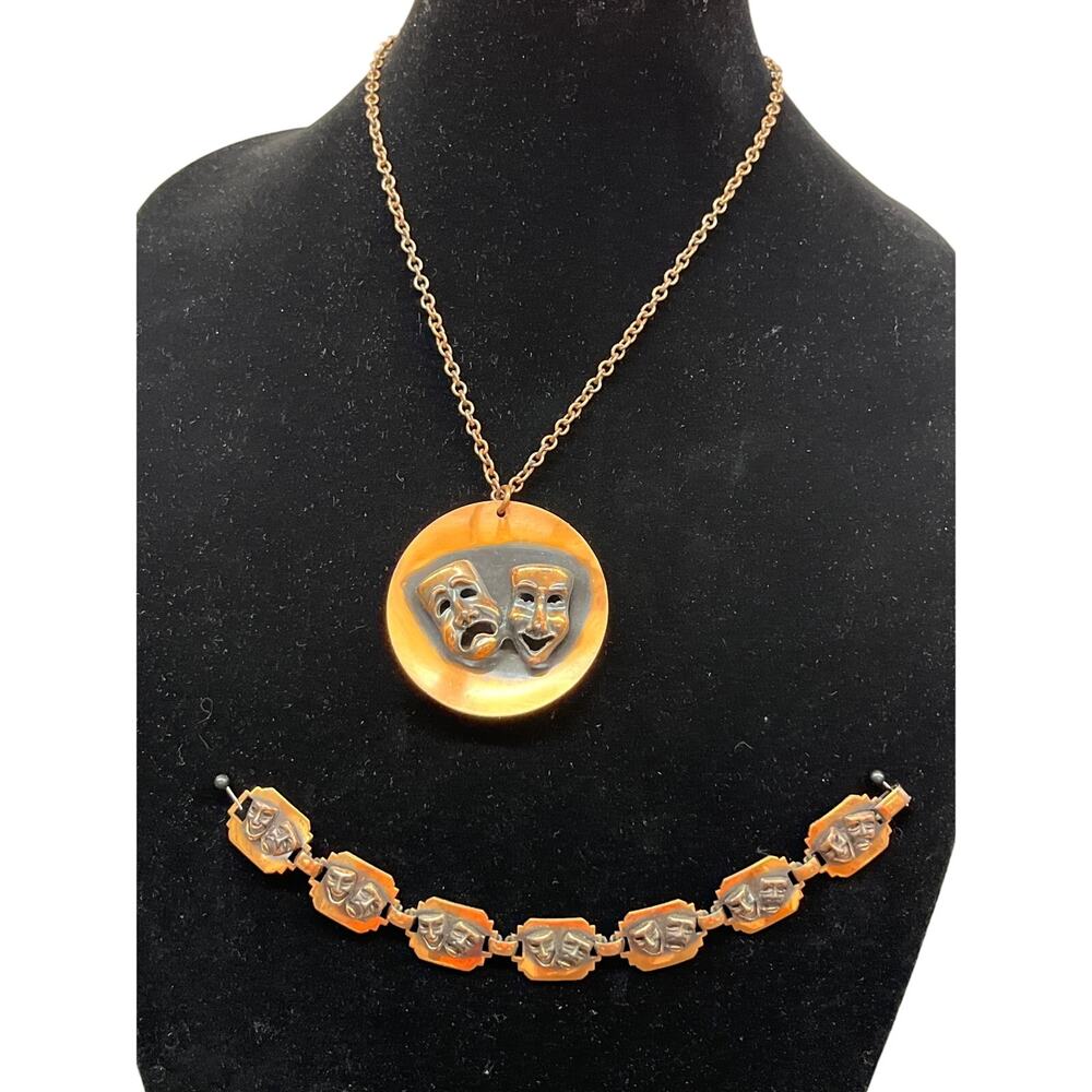 Vintage Comedy Tragedy Theatre Masks Necklace and Bracelet Set Copper Finish